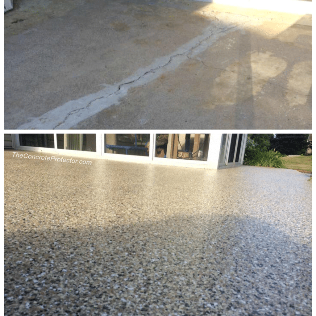 Image of a concrete surface with cracks repaired and a decorative coating applied, creating a seamless and beautiful finish.