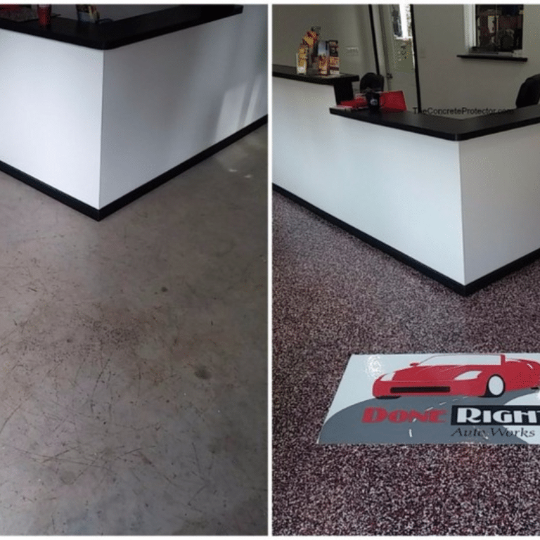 Epoxy Flake flooring in a modern office space with a speckled surface in shades of gray and white. The flakes add texture and dimension to the floor, creating a modern and durable finish.